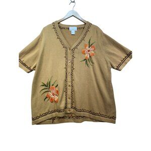 Susan Graver Style Womens Hawaiian Cardigan Sweater Size 2X Tan Floral Boho